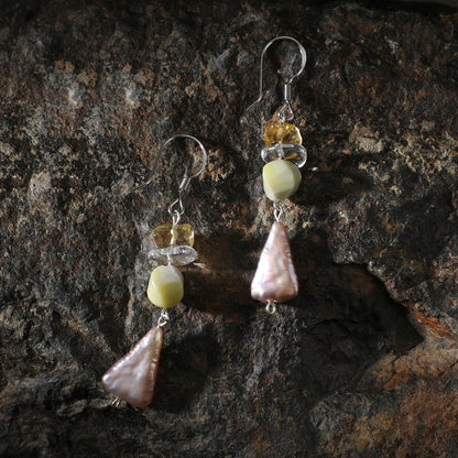 Side full view of  Natural Citrine,Jade,and Colorful Baroque Pearl Cascade Earrings,handcrafted crystal pearl jewelry,925 sterling silver,minimalist luxury gift for women