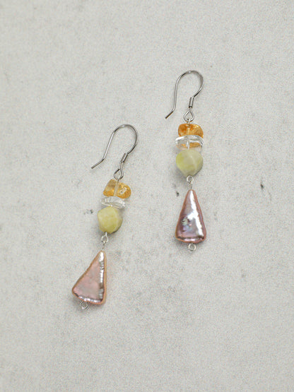 Natural Citrine, Jade, and Colorful Baroque Pearl Cascade Earrings