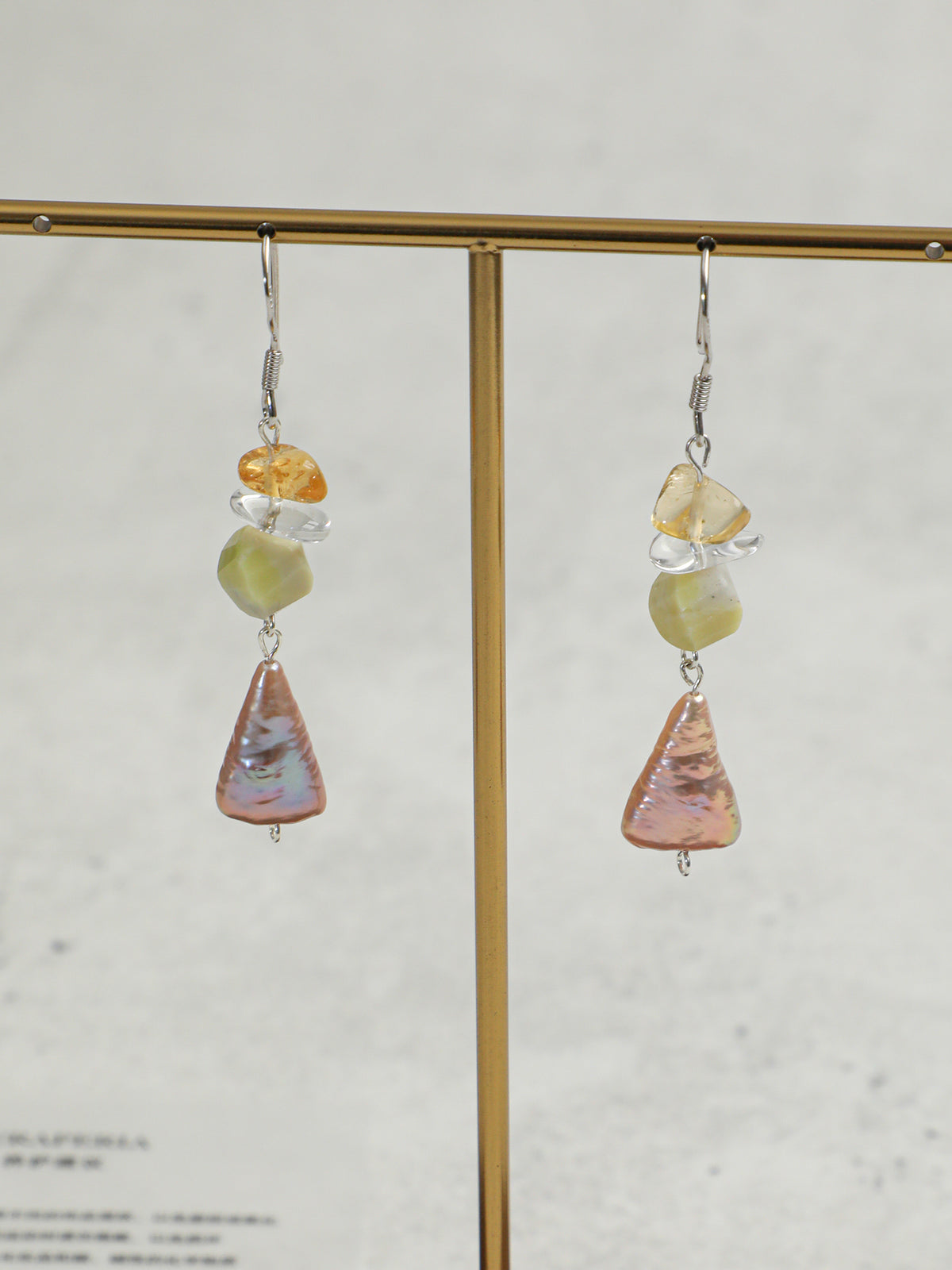 Side full view of Natural Citrine,Jade,and Colorful Baroque Pearl Cascade Earrings,natural gemstone and pearl texture,925 sterling silver fine jewelry 
,minimalist luxury gift for women