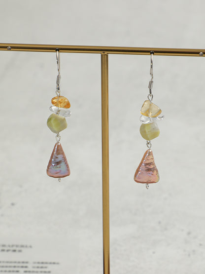 Side full view of Natural Citrine,Jade,and Colorful Baroque Pearl Cascade Earrings,natural gemstone and pearl texture,925 sterling silver fine jewelry 
,minimalist luxury gift for women