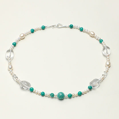 Natural Amazonite and Clear Quartz Beaded Necklace
