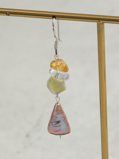 Natural Citrine, Jade, and Colorful Baroque Pearl Cascade Earrings