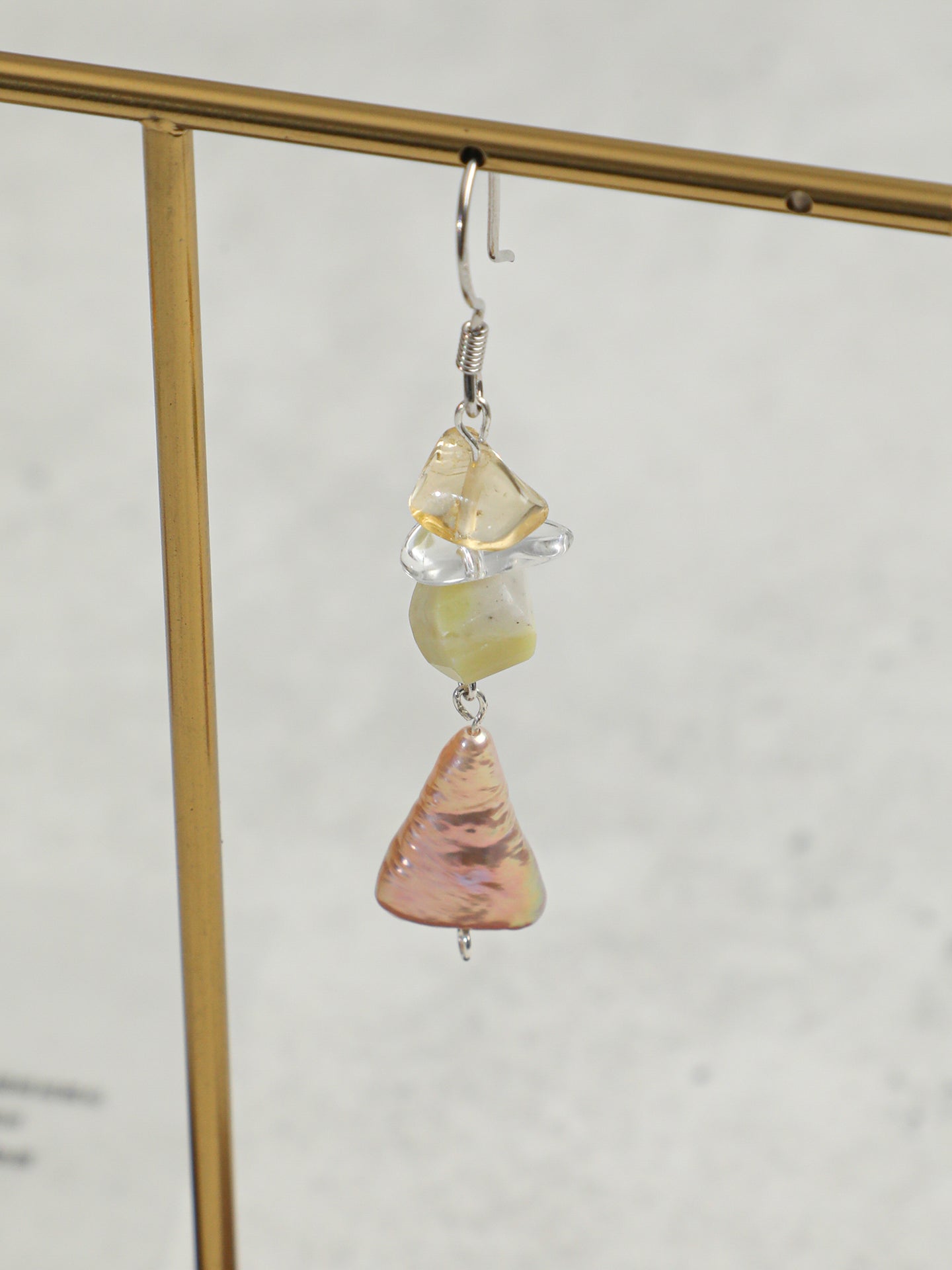 Macro close-up of Natural Citrine,Jade,and Colorful Baroque Pearl Cascade Earrings,handcrafted crystal pearl jewelry,925 sterling silver,minimalist luxury gift for women
