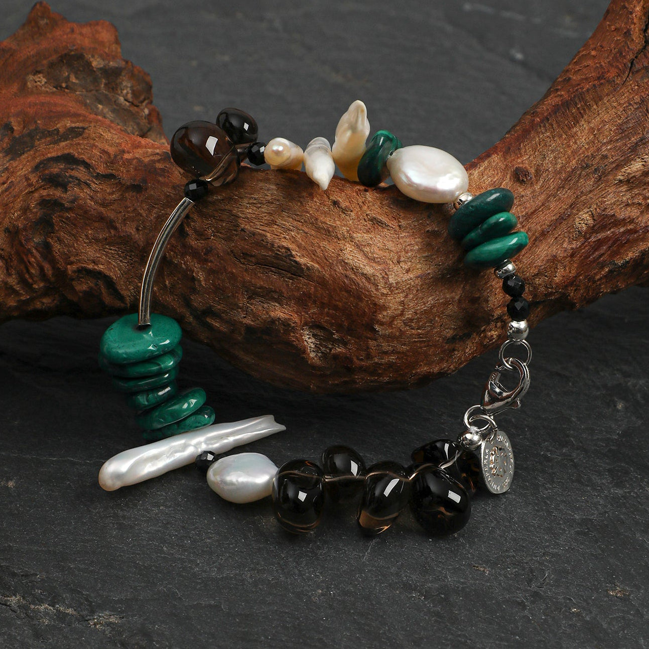 Natural Malachite and Smoky Quartz Multi-Gemstone Bracelet