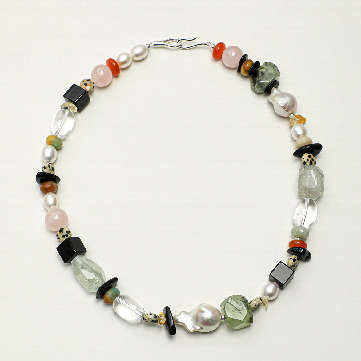 Natural Prehnite, Green Quartz, and Baroque Pearl Statement Necklace
