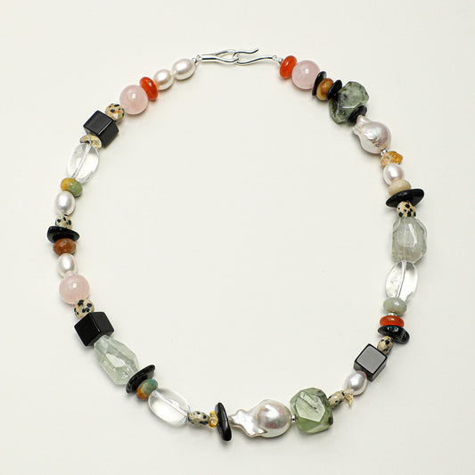 Natural Prehnite, Green Quartz, and Baroque Pearl Statement Necklace