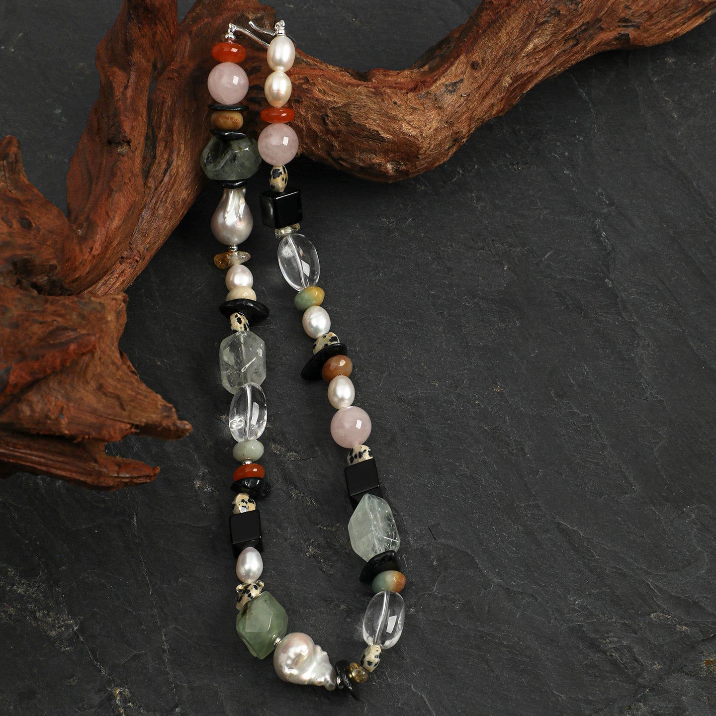 Natural Prehnite, Green Quartz, and Baroque Pearl Statement Necklace