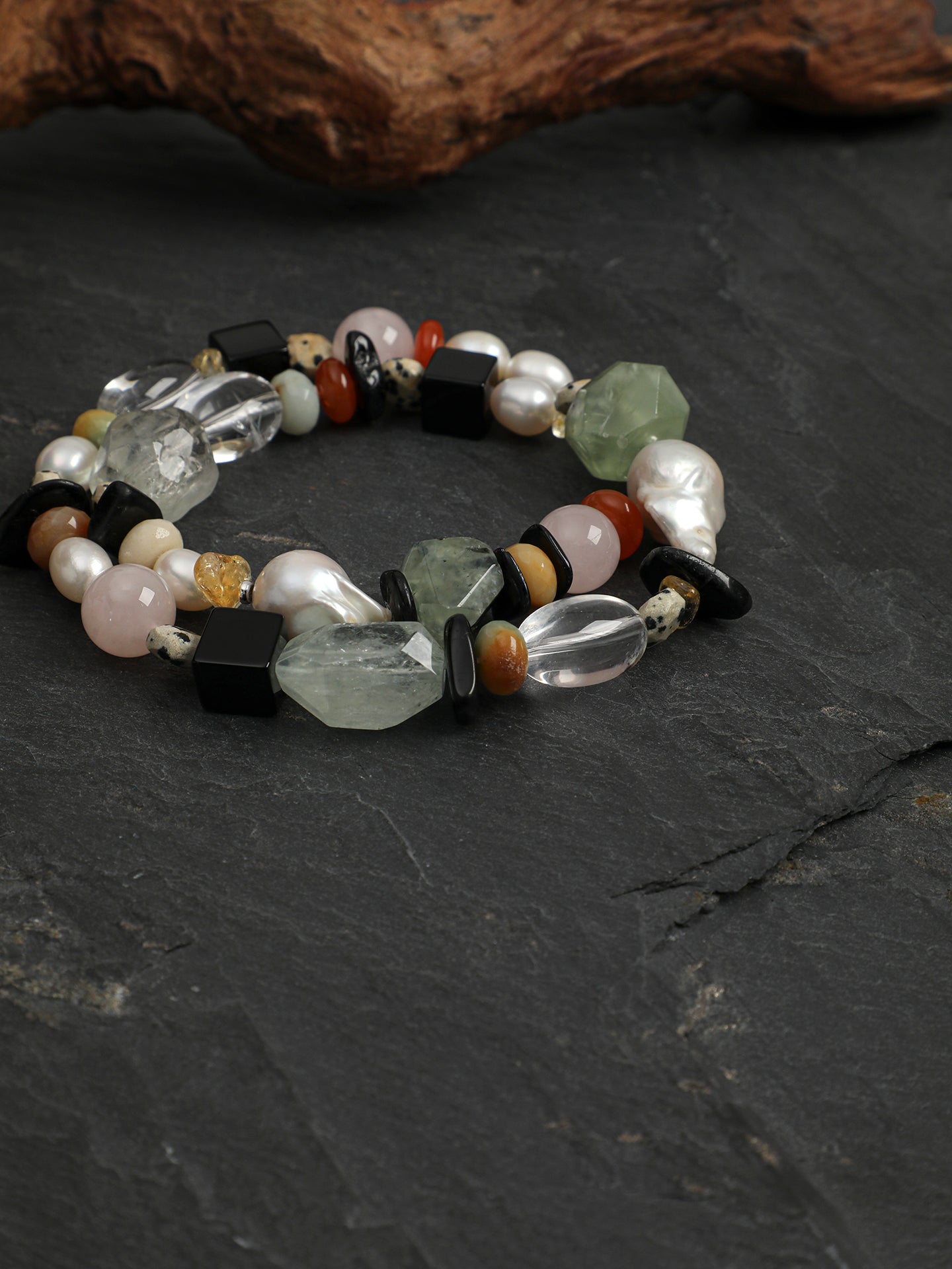 Natural Prehnite, Green Quartz, and Baroque Pearl Statement Necklace