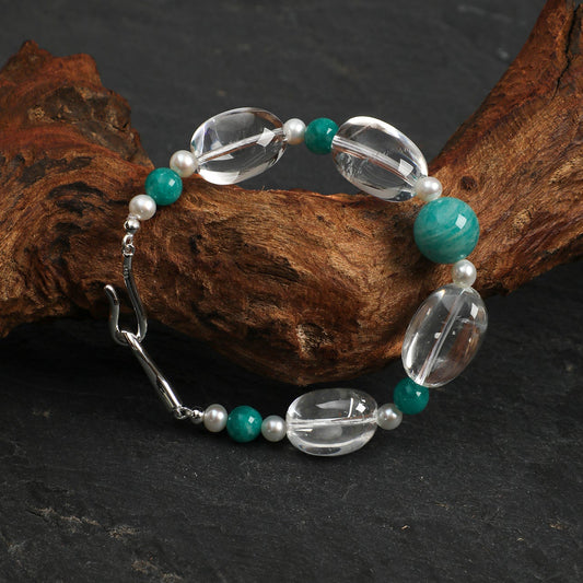 Freeform Clear Quartz & Amazonite Beaded Bracelet | Natural Freshwater Pearls & S925 Silver Clasp