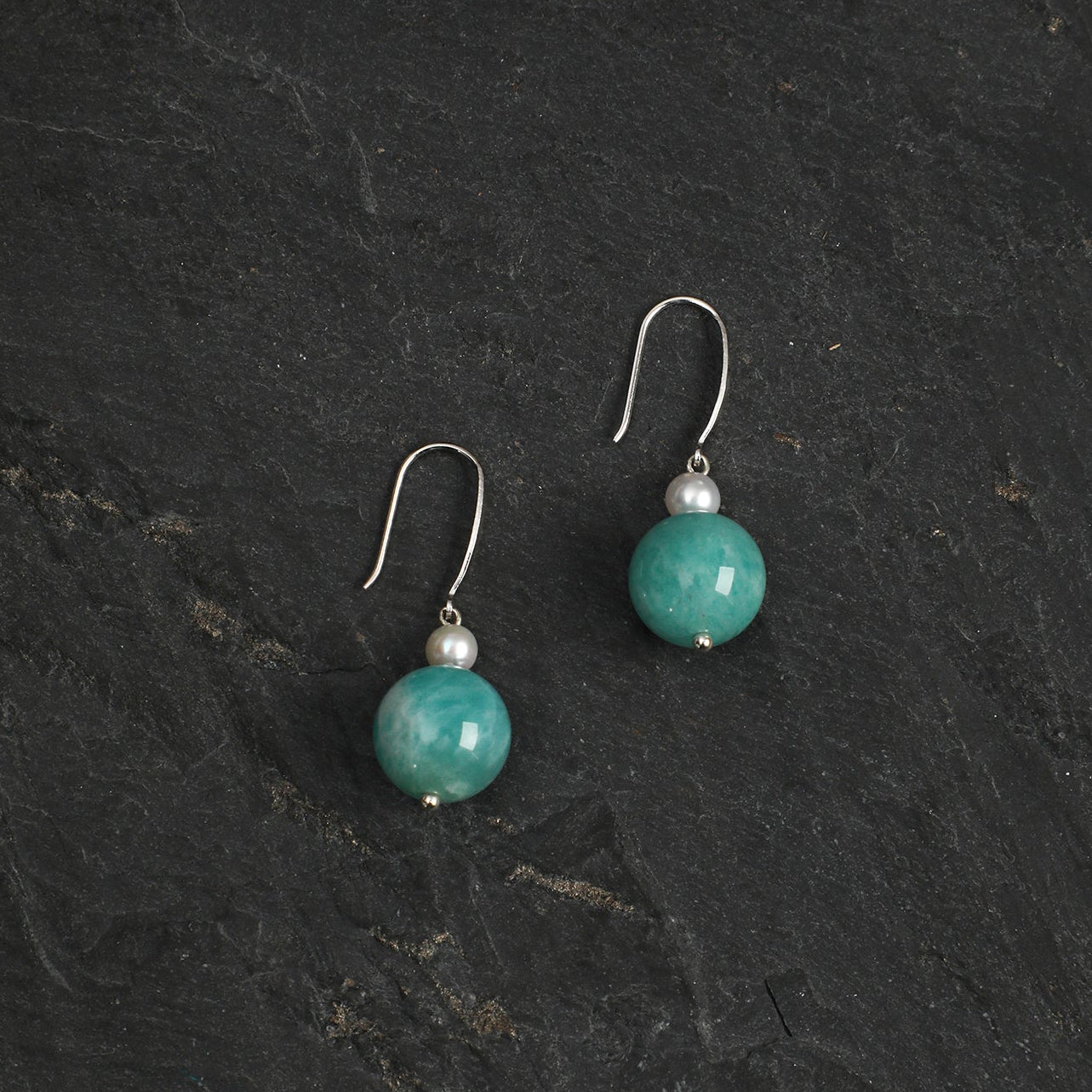 Side full view of Natural Amazonite and Seed Pearl Drop Earrings,handcrafted crystal pearl jewelry,925 sterling silver,minimalist luxury gift for women