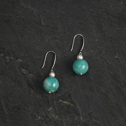 Side full view of Natural Amazonite and Seed Pearl Drop Earrings,handcrafted crystal pearl jewelry,925 sterling silver,minimalist luxury gift for women
