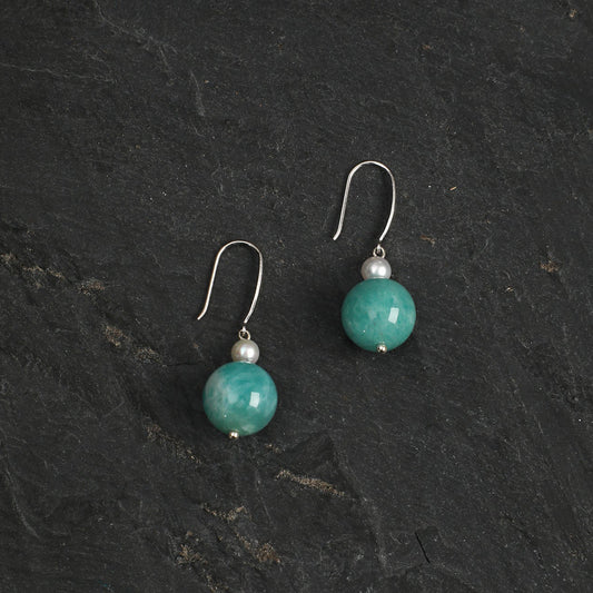 Side full view of Natural Amazonite and Seed Pearl Drop Earrings,handcrafted crystal pearl jewelry,925 sterling silver,minimalist luxury gift for women