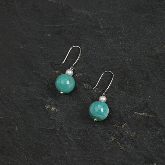 Natural Amazonite and Seed Pearl Drop Earrings
