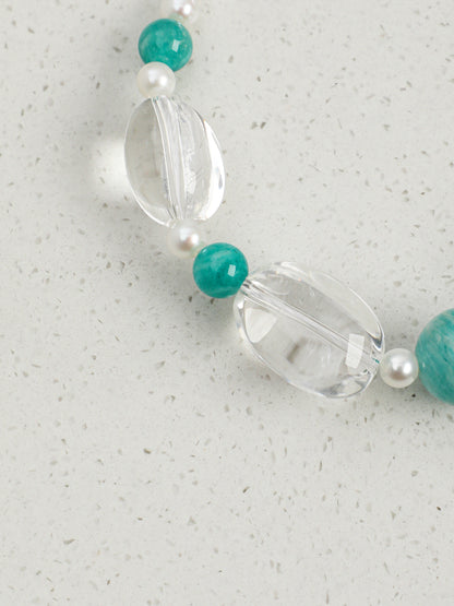 Freeform Clear Quartz & Amazonite Beaded Bracelet | Natural Freshwater Pearls & S925 Silver Clasp