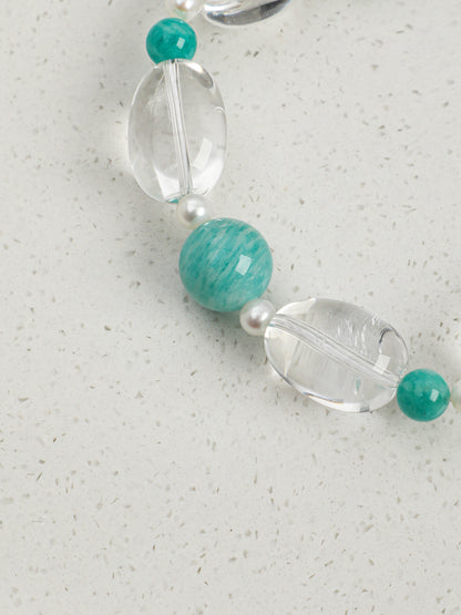 Freeform Clear Quartz & Amazonite Beaded Bracelet | Natural Freshwater Pearls & S925 Silver Clasp