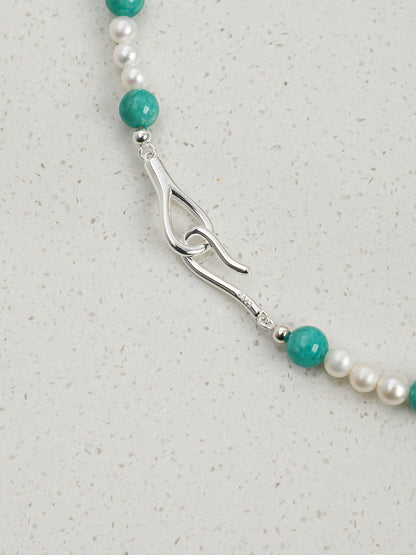 Natural Amazonite and Clear Quartz Beaded Necklace clasp,handcrafted crystal pearl jewelry,925 sterling silver,minimalist luxury gift for women