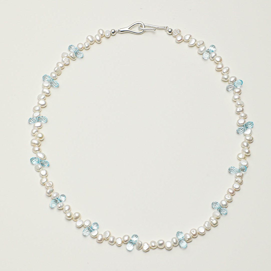 Natural Blue Topaz and Luminous Baroque Pearl Necklace