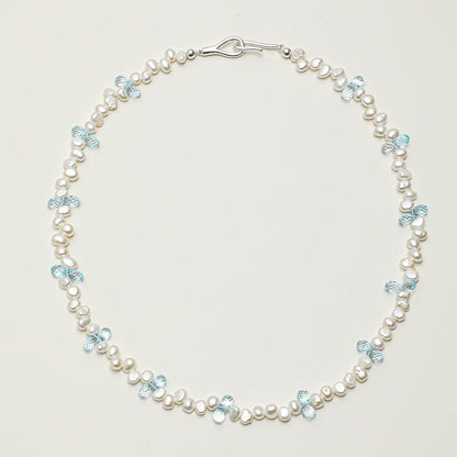 Natural Blue Topaz and Luminous Baroque Pearl Necklace