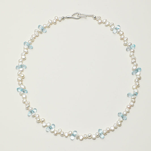 Natural Blue Topaz and Luminous Baroque Pearl Necklace