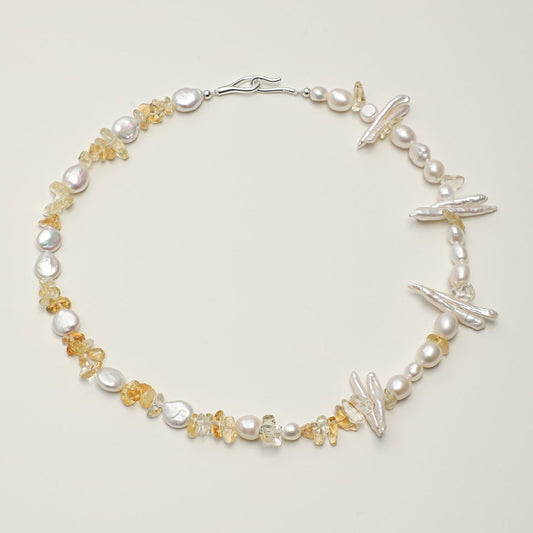 Natural Citrine and Sculptural Baroque Pearl Statement Necklace