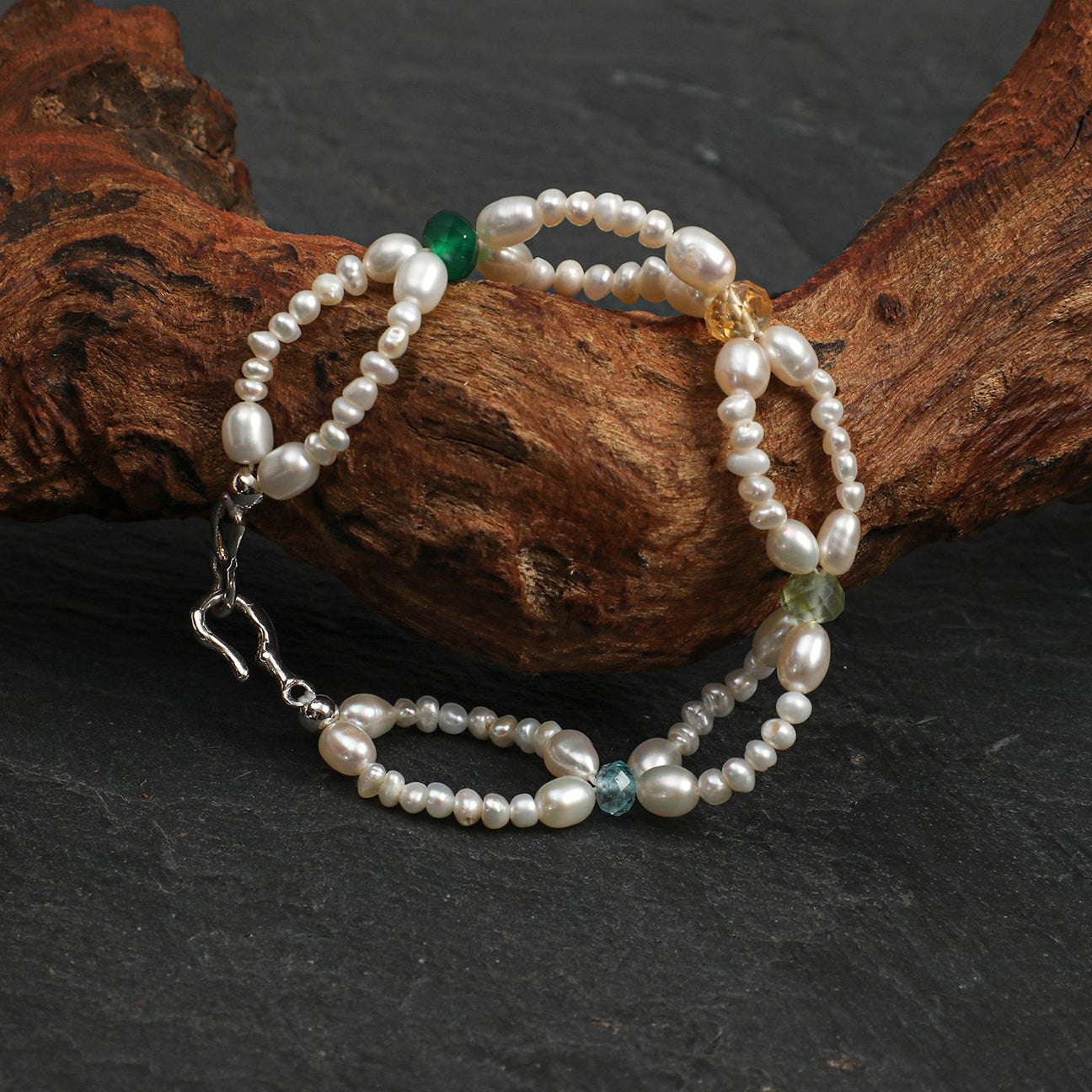 Multi-Gemstone Topaz Citrine Agate Pearl Lace Bracelet