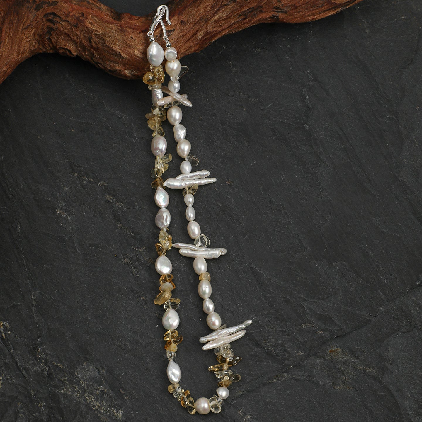 Natural Citrine and Sculptural Baroque Pearl Statement Necklace
