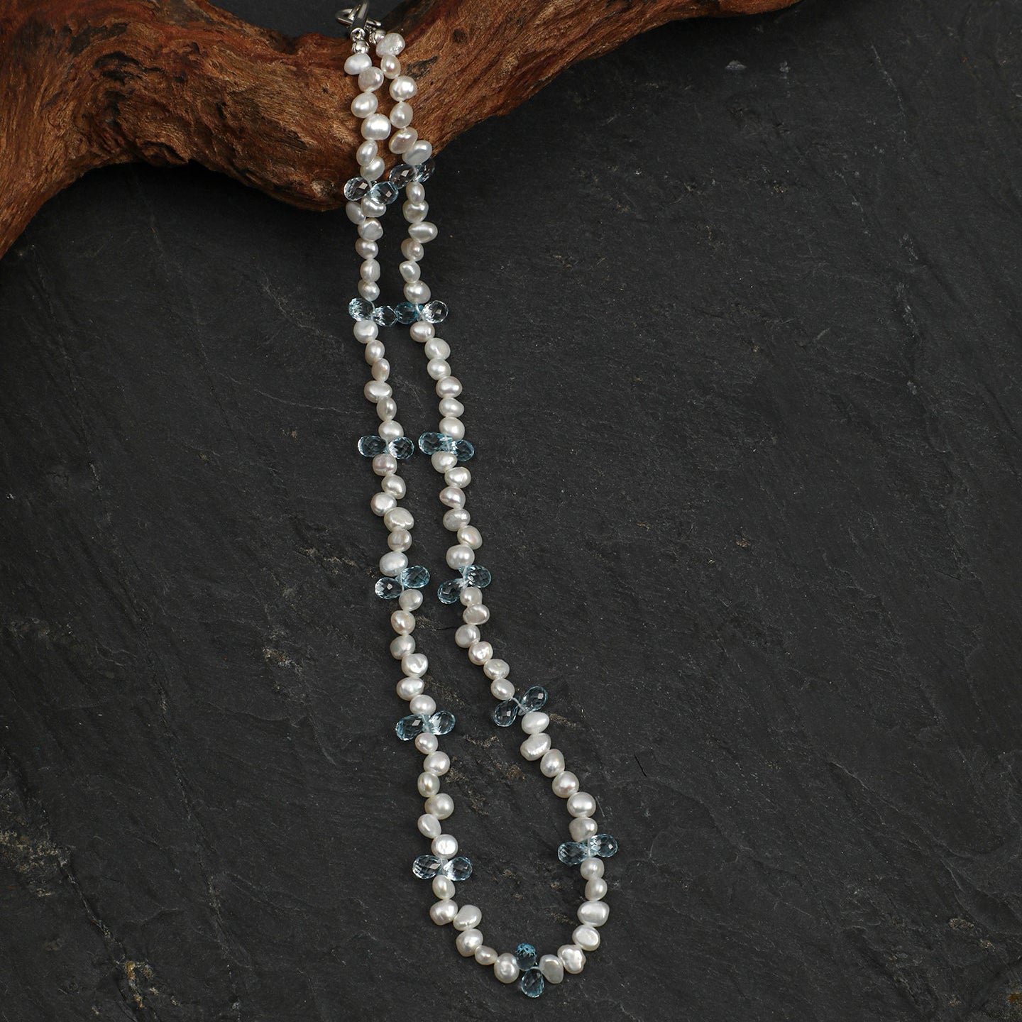 Natural Blue Topaz and Luminous Baroque Pearl Necklace