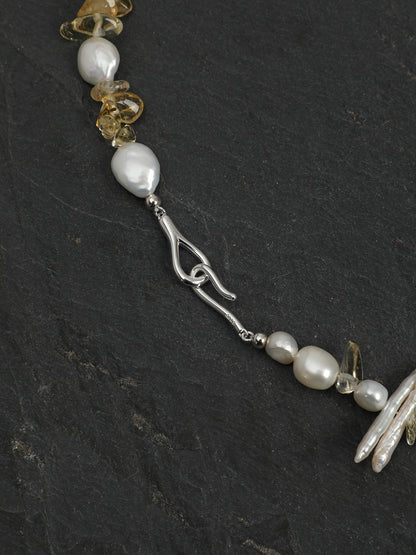 Natural Citrine and Sculptural Baroque Pearl Statement Necklace