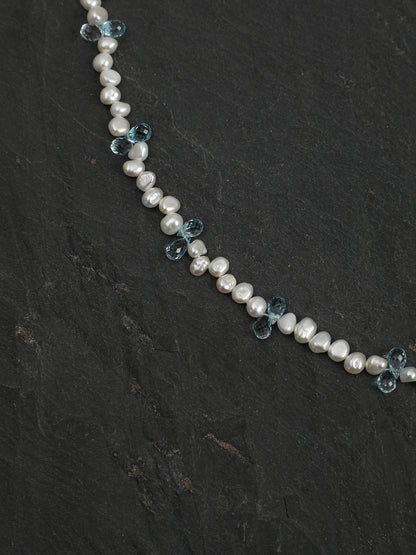 Natural Blue Topaz and Luminous Baroque Pearl Necklace