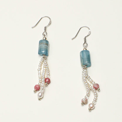 Natural Blue Kyanite and Plum Blossom Tourmaline Tassel Earrings