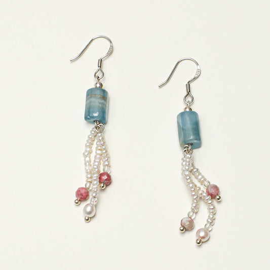 Natural Blue Kyanite and Plum Blossom Tourmaline Tassel Earrings
