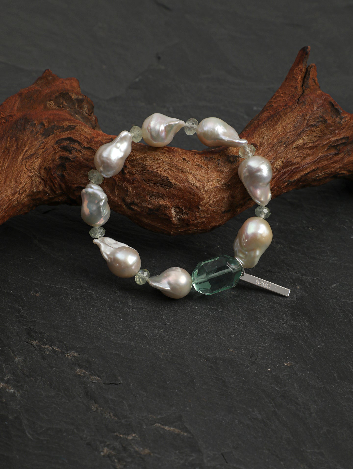 Natural Green Fluorite and Baroque Pearl Bracelet