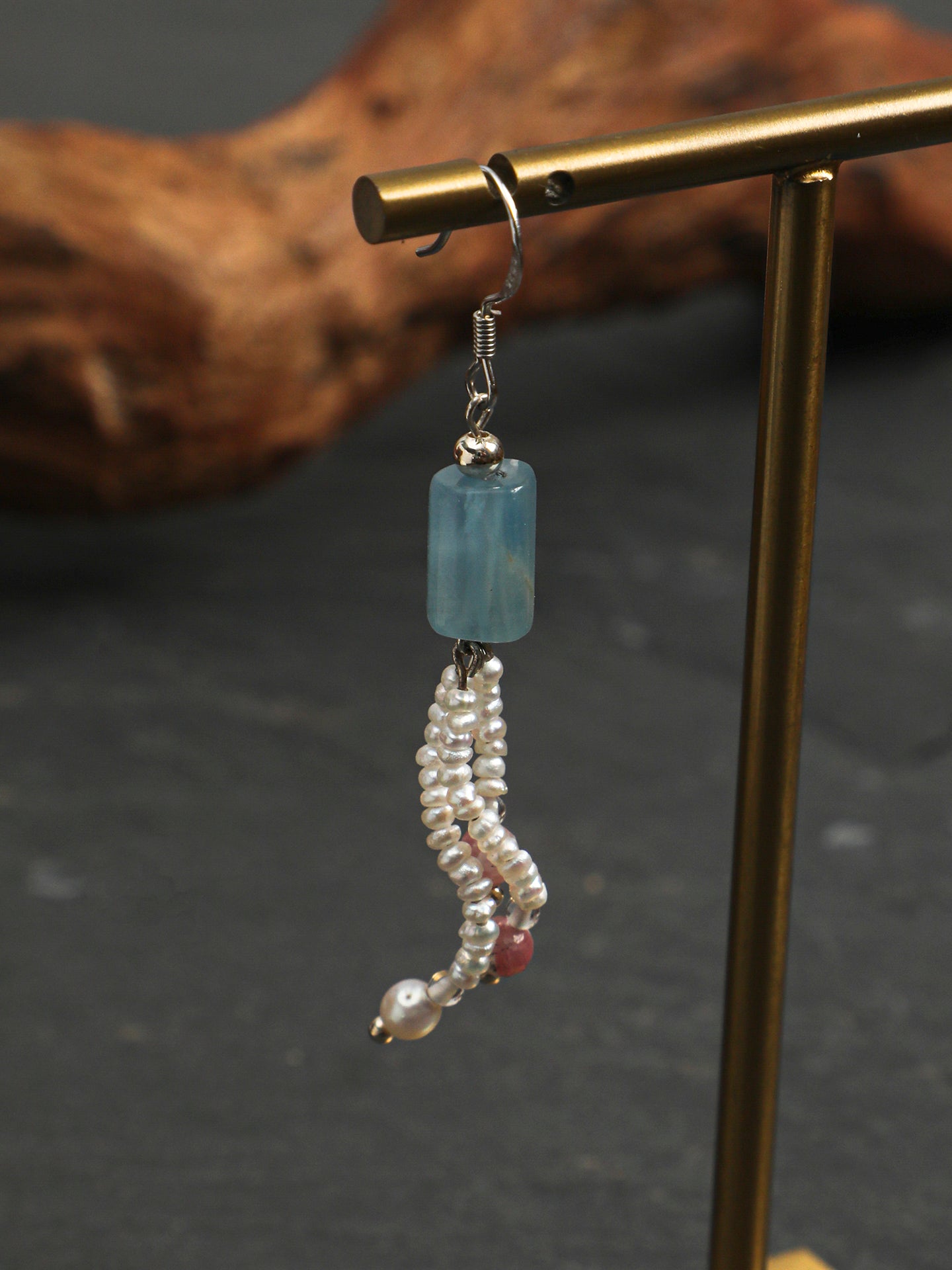 Natural Blue Kyanite and Plum Blossom Tourmaline Tassel Earrings