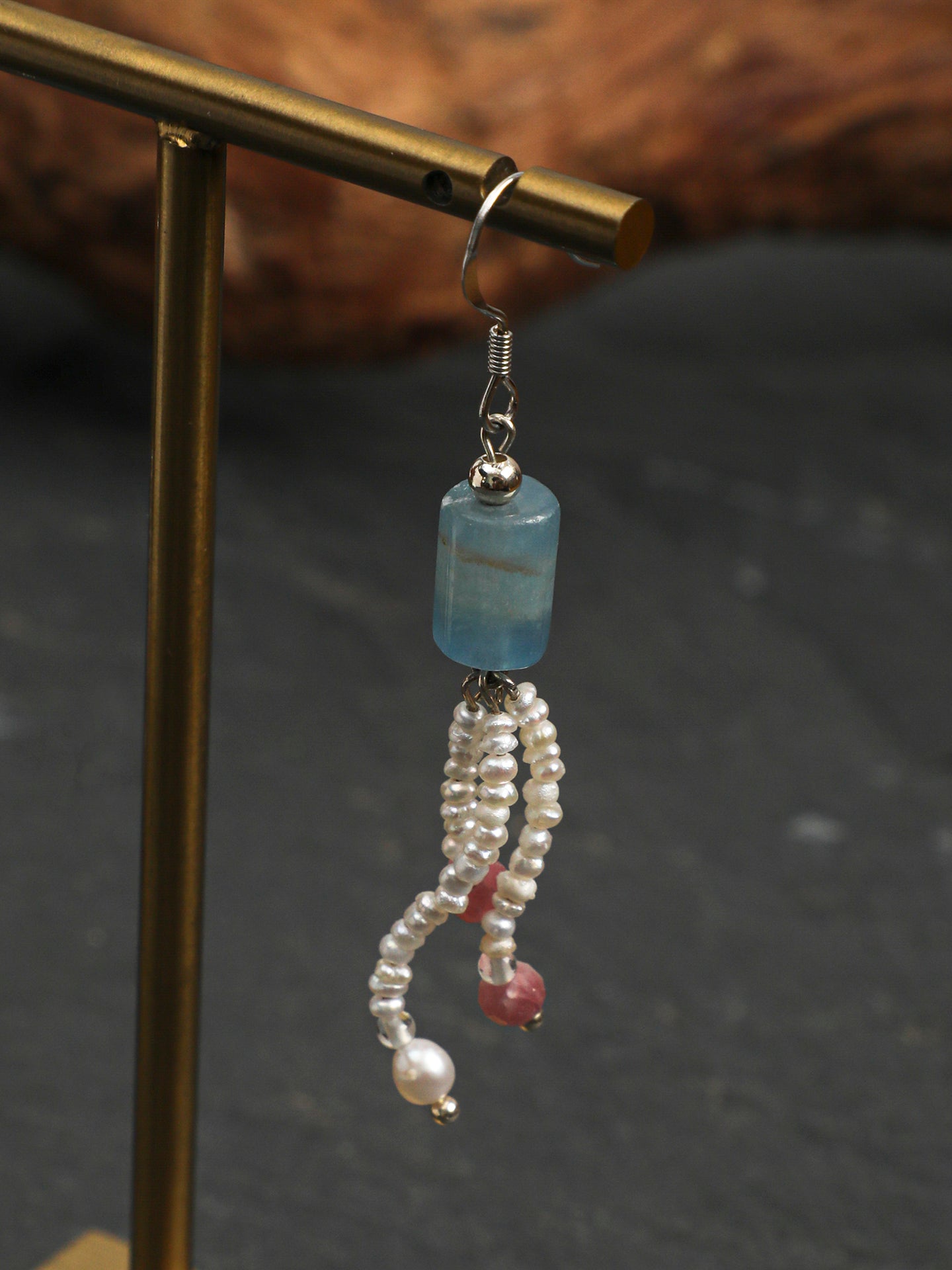 Natural Blue Kyanite and Plum Blossom Tourmaline Tassel Earrings