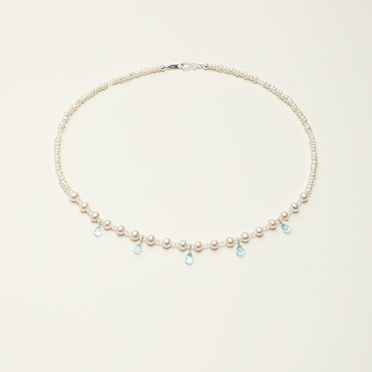 Natural Blue Topaz Teardrop and Freshwater Pearl Necklace