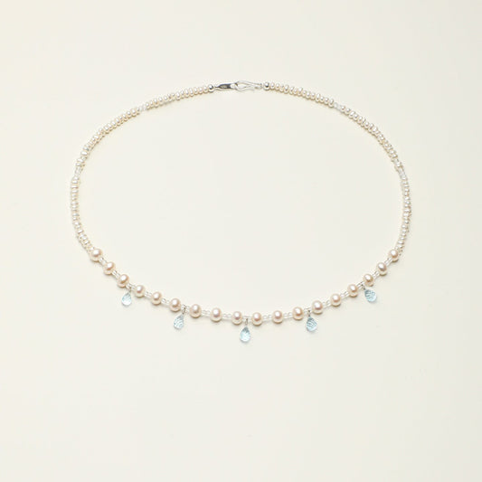 Natural Blue Topaz Teardrop and Freshwater Pearl Necklace