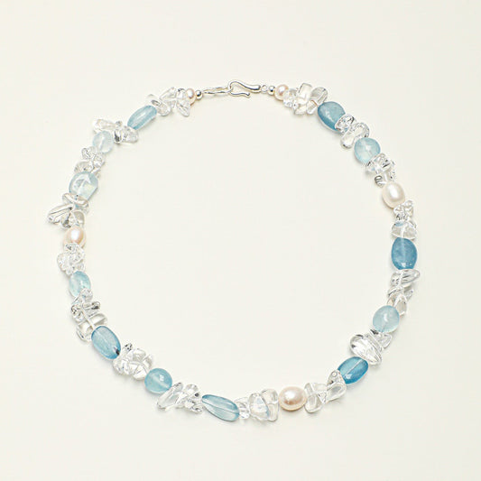 Natural Aquamarine and Clear Quartz Choker Necklace