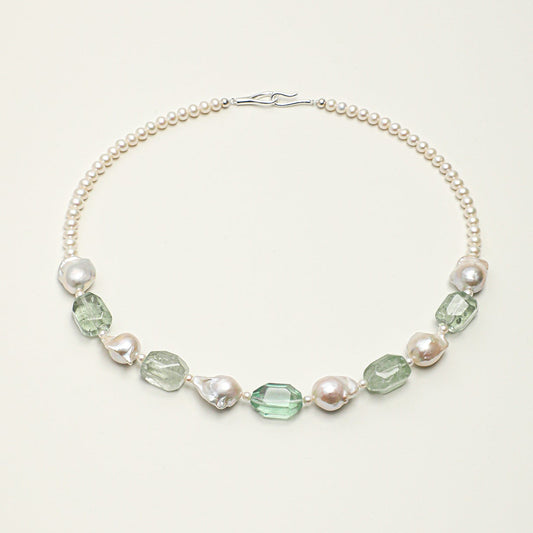 Natural Green Quartz and Medium Baroque Pearl Necklace