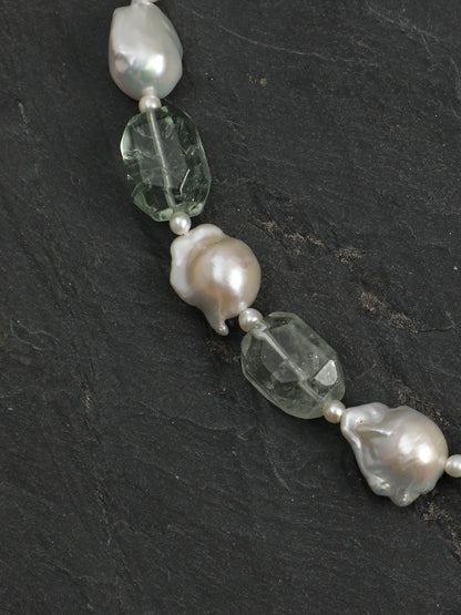 Natural Green Quartz and Medium Baroque Pearl Necklace