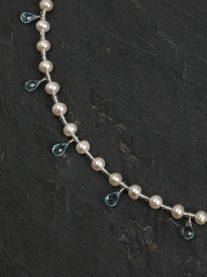 Natural Blue Topaz Teardrop and Freshwater Pearl Necklace