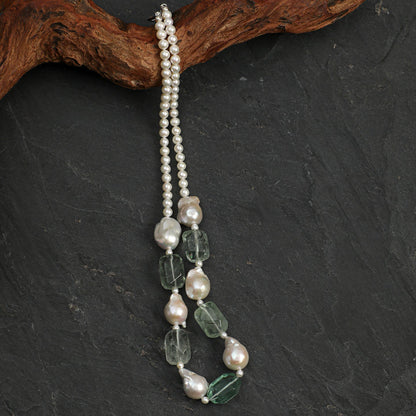 Natural Green Quartz and Medium Baroque Pearl Necklace