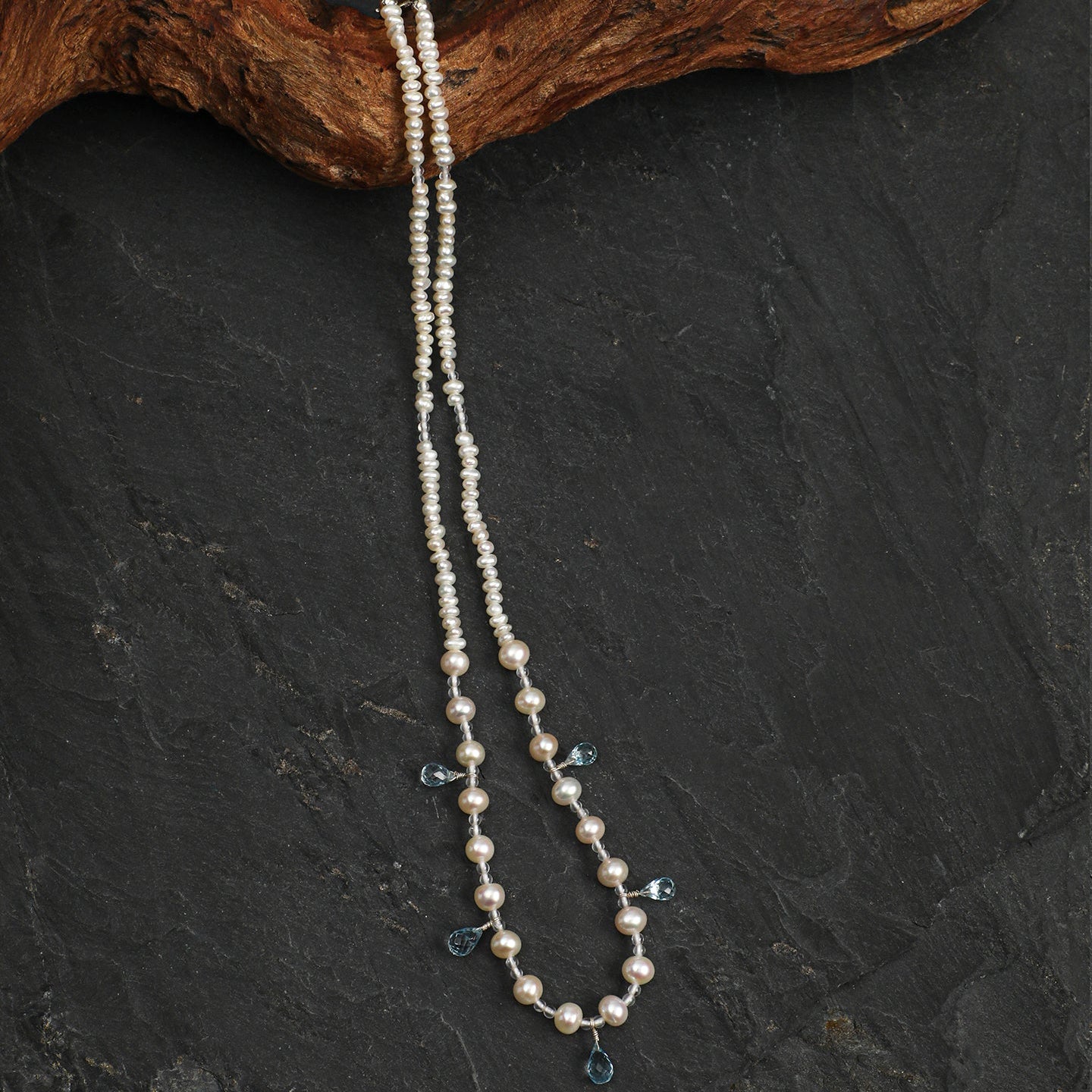 Natural Blue Topaz Teardrop and Freshwater Pearl Necklace