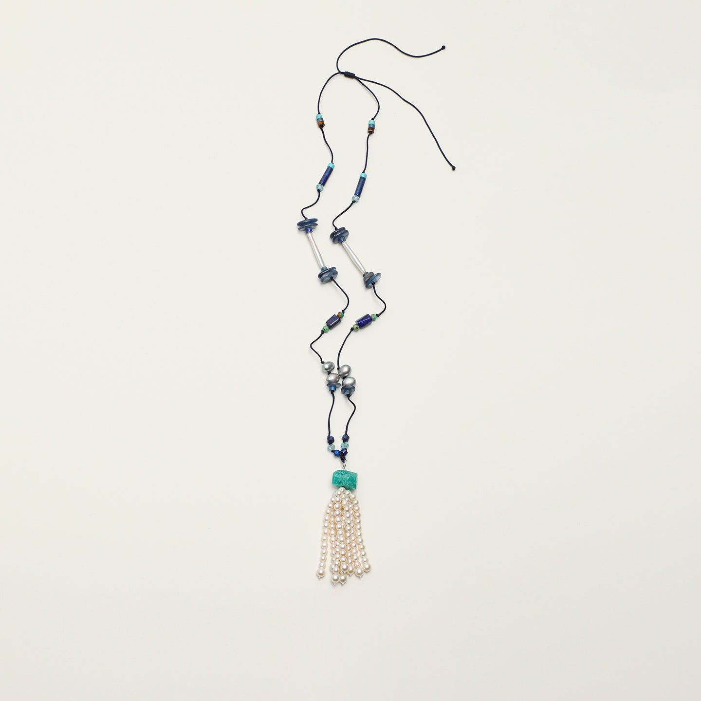 Natural Lapis Lazuli, Turquoise, and Pearl Tassel Long Necklace