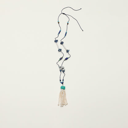 Natural Lapis Lazuli, Turquoise, and Pearl Tassel Long Necklace