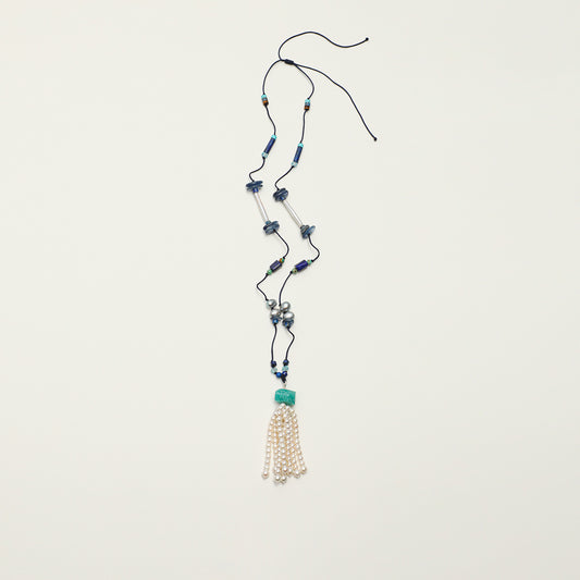 Natural Lapis Lazuli, Turquoise, and Pearl Tassel Long Necklace