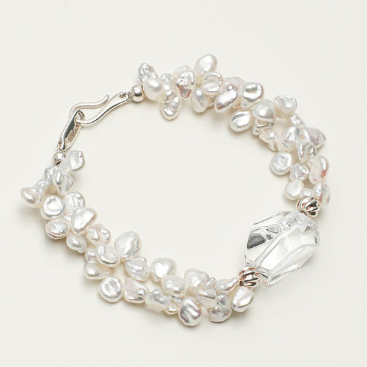 Natural Clear Quartz and Petal Baroque Pearl Bracelet