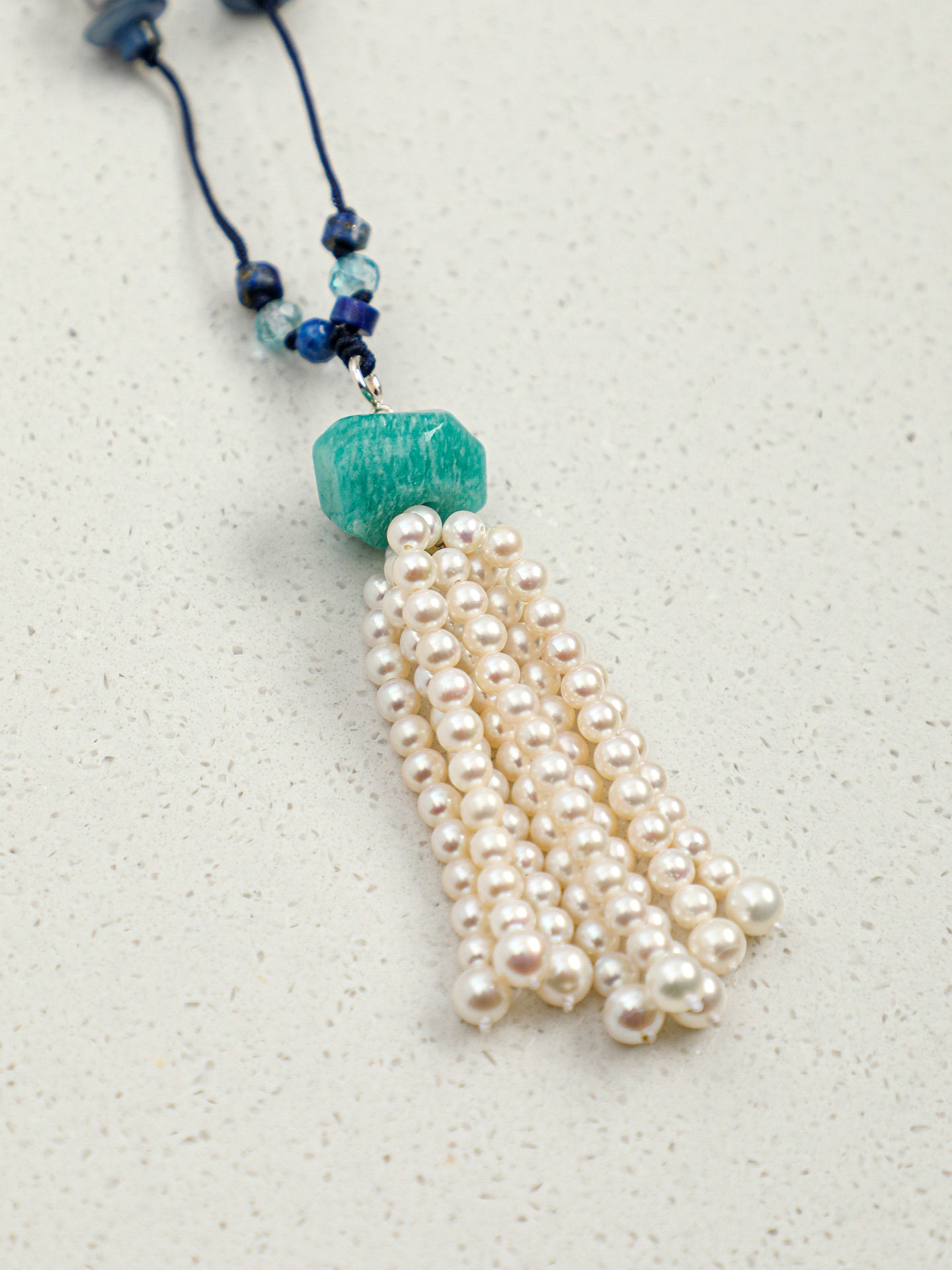 Natural Lapis Lazuli, Turquoise, and Pearl Tassel Long Necklace