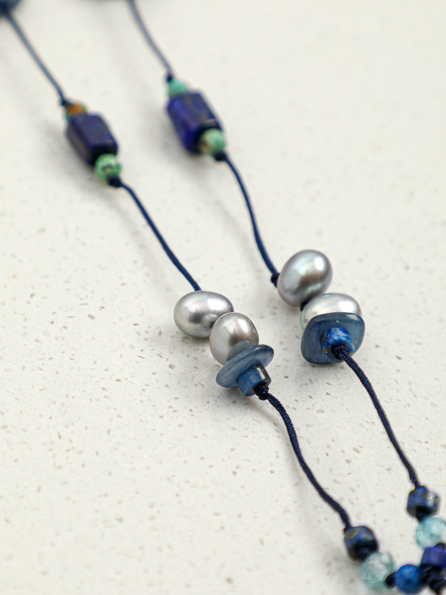 Natural Lapis Lazuli, Turquoise, and Pearl Tassel Long Necklace
