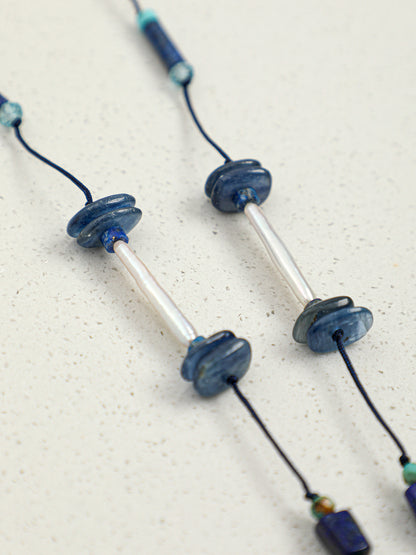 Natural Lapis Lazuli, Turquoise, and Pearl Tassel Long Necklace