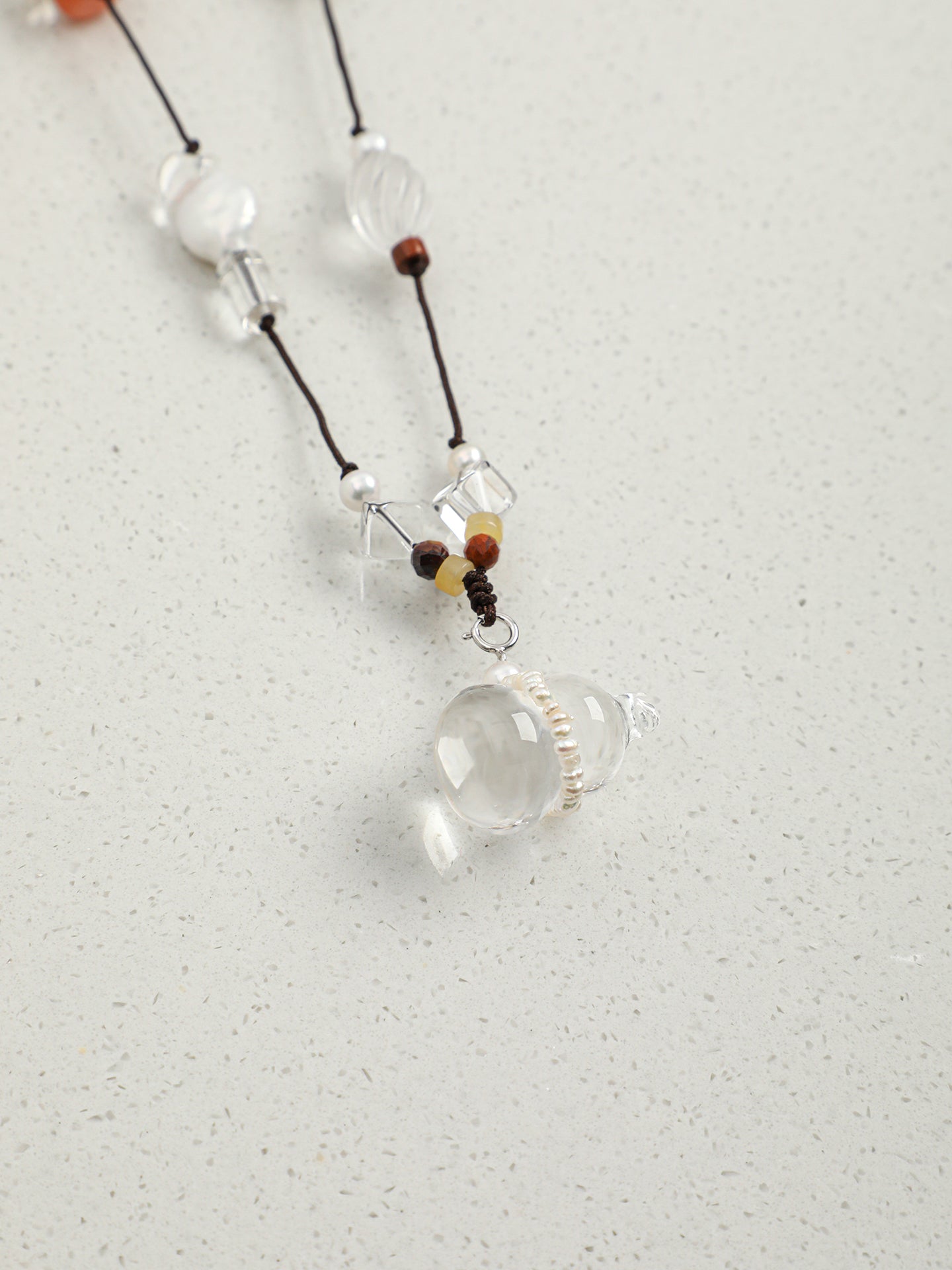 Natural Clear Quartz Gourd and Multi-Gemstone Long Necklace